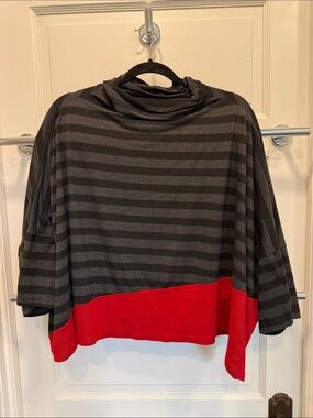 Alembika Striped Black & Gray Top with Asymmetrical Red Hem